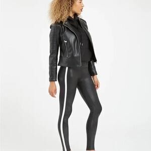 Spanx Faux Leather Side Stripe Leggings Black with White Stripe -‎ Size S